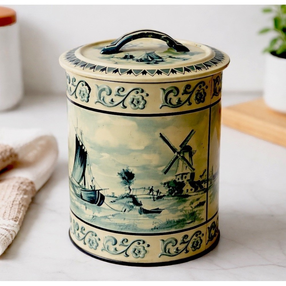 Vintage WEST GERMANY Dutch Scene Metal Tin Lidded Canister Windmill Delft Style